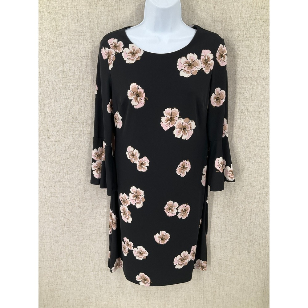Tommy Hilfiger Shift Dress Womens 6 Black Floral Bell Sleeve Classic Preppy Boho